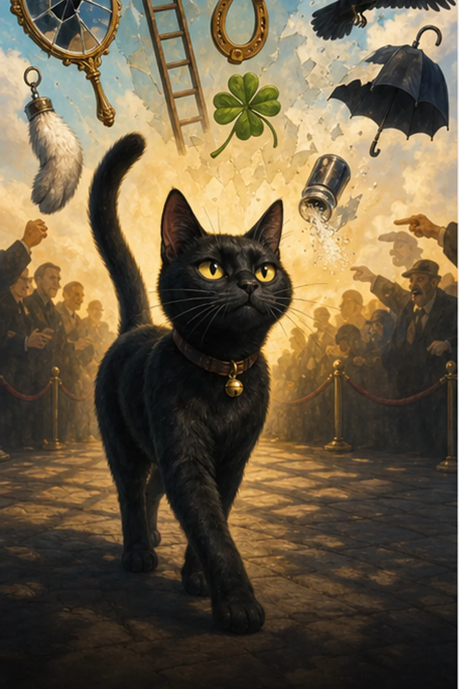 Black cat crossing a path while lucky and unlucky symbols float nearby.