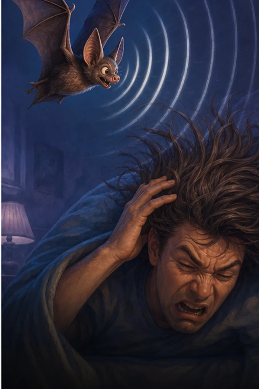 Bat dodging human hair with visible echolocation rings.