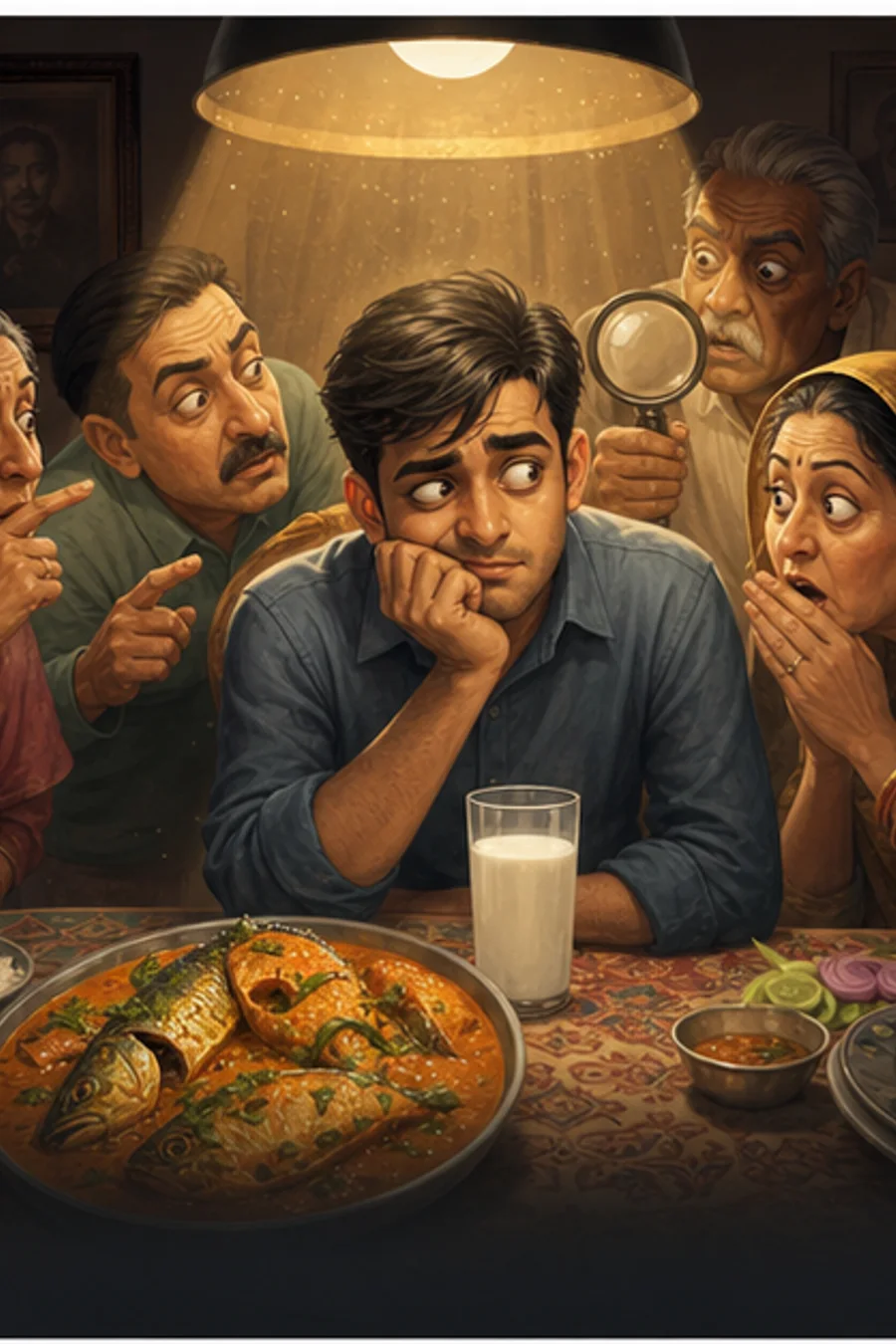 Fish curry and milk staged like a comic dinner-table crime scene.