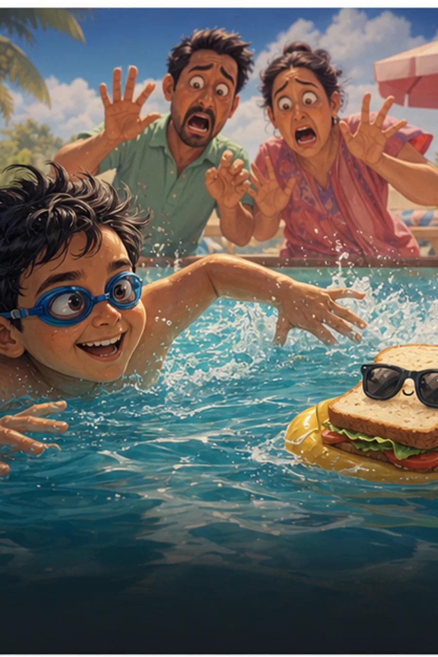 Child swimming while a sandwich floats nearby wearing sunglasses.