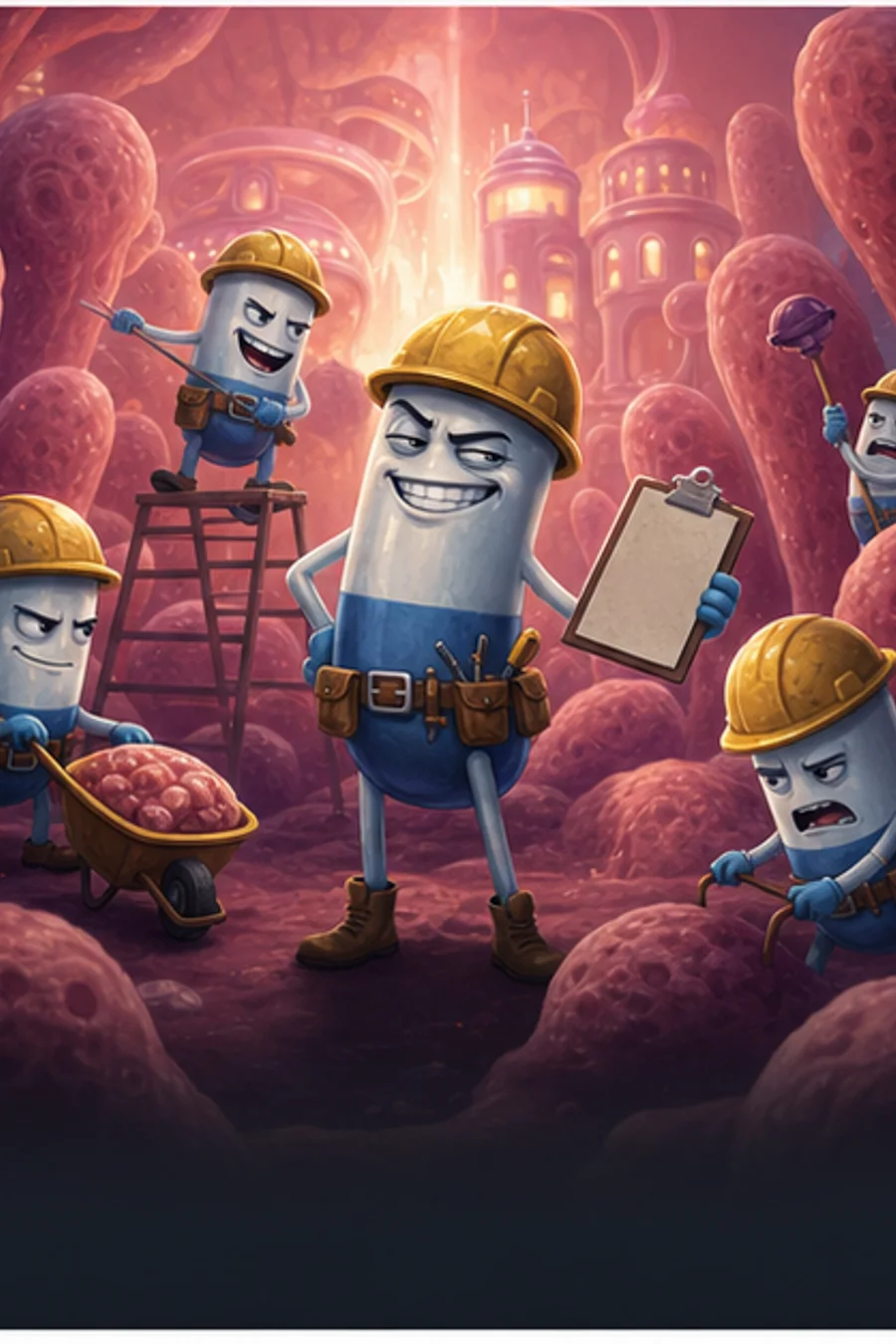 Overconfident probiotic capsules working inside a glowing gut city.