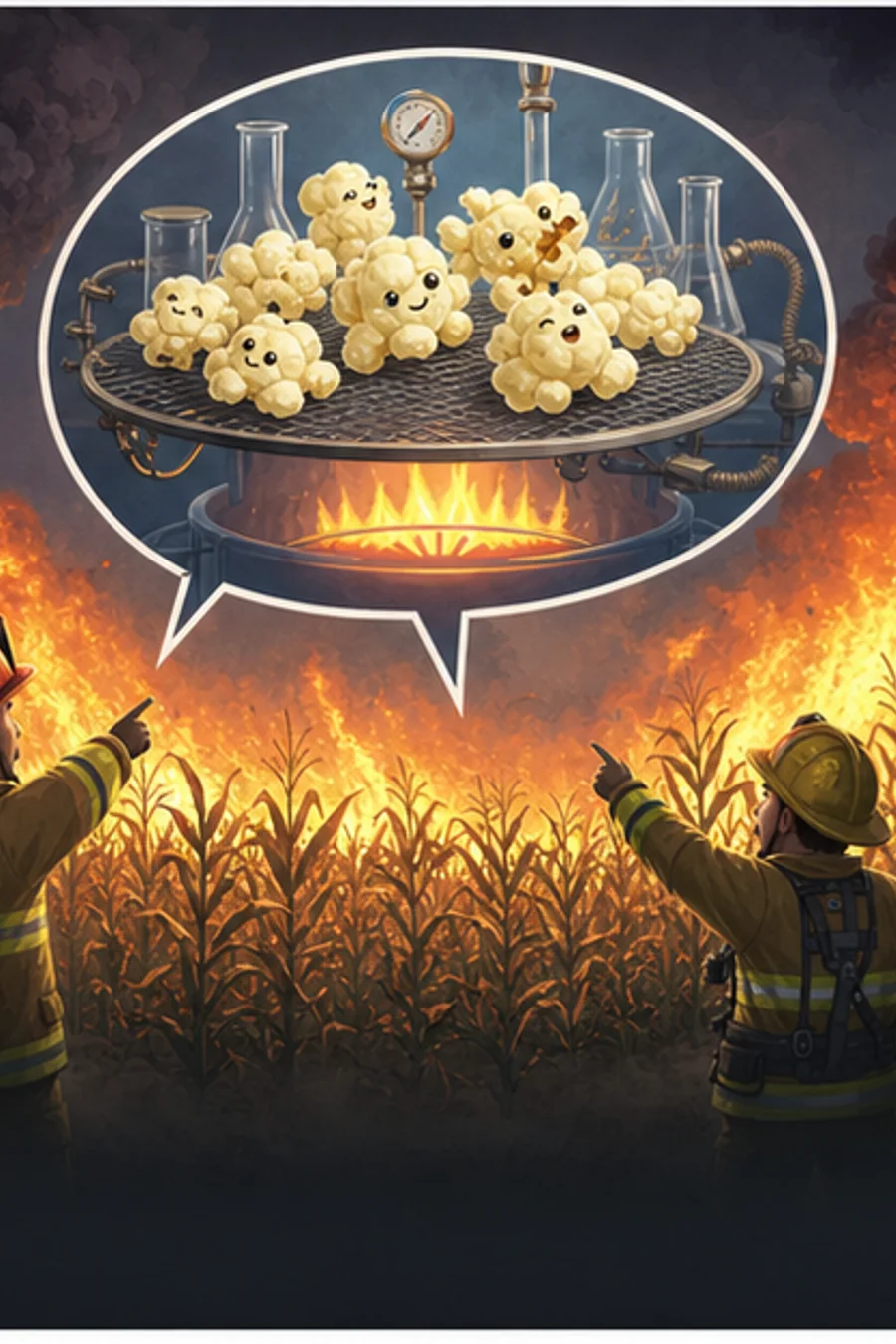 Cornfield fire with popcorn shown safely as a science diagram joke.