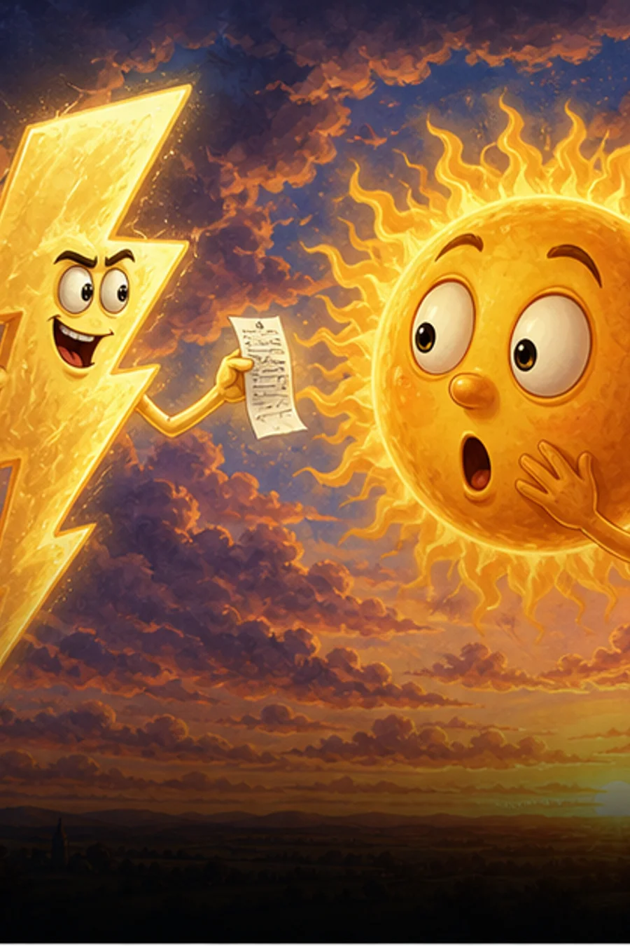 Lightning showing a temperature receipt to a surprised sun.