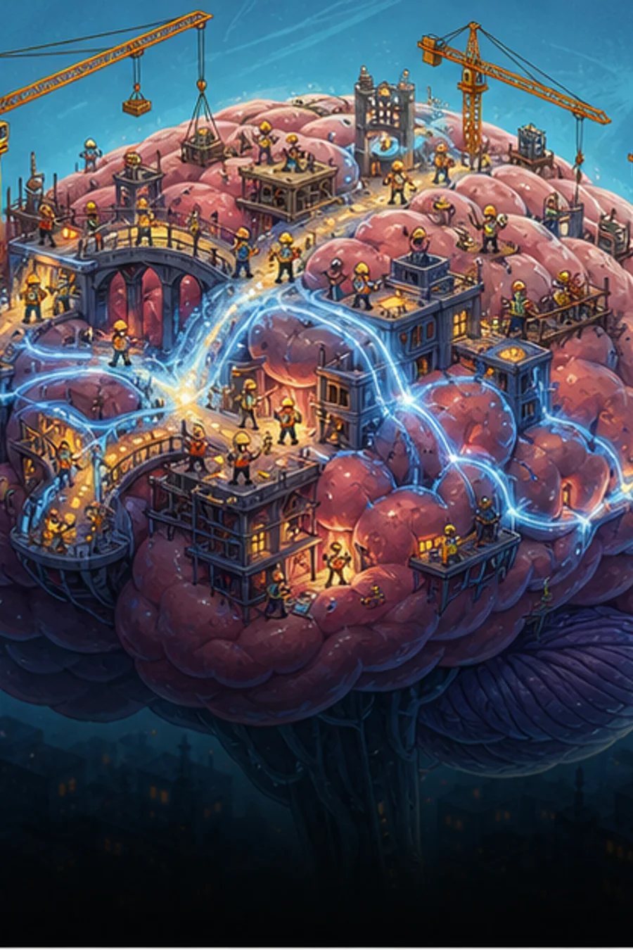 Adult brain as a glowing city under renovation.