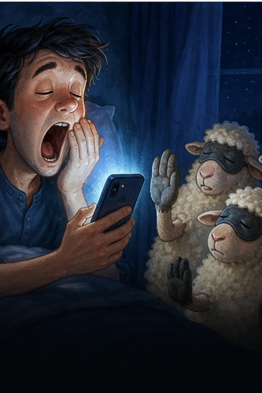 Phone keeping a sleepy person awake while sheep ask it to leave.