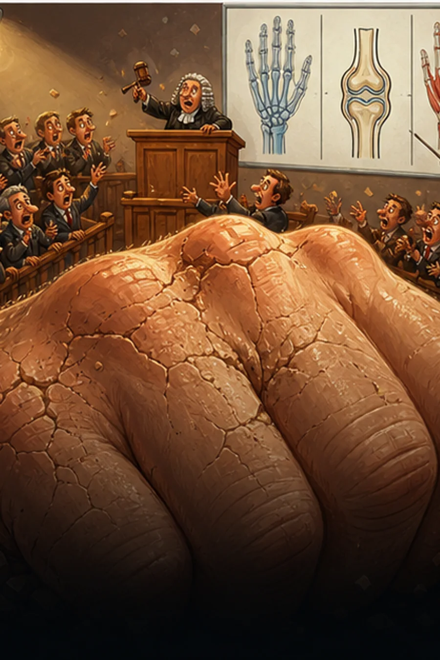 Cracked knuckle staged like a courtroom with anatomy diagrams nearby.